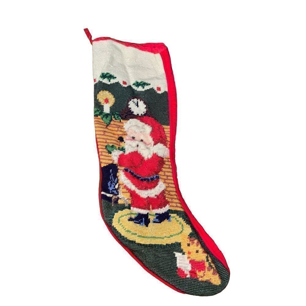 Vintage 1991 Embroidered Christmas Stocking Santa Claus and Elf by Chimney 19”